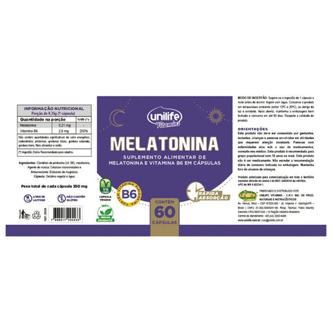 Melatonina Vitamina B6 Unilife 60 caps