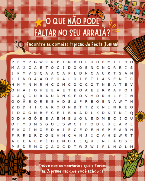 Desafio de Festa Junina: Caça-palavras de comidas típicas! 😋🌽💚