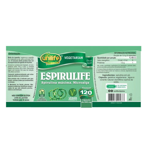 Spirulina Espirulife Unilife 120 Cápsulas