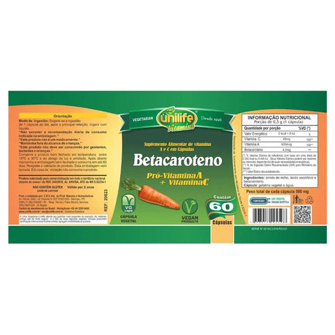 Betacaroteno Pró Com Vitaminas A E C - Unilife - 60 Cápsulas