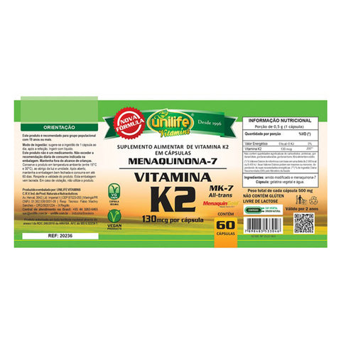 Vitamina K2 Menaquinona - Unilife - 60 Cápsulas
