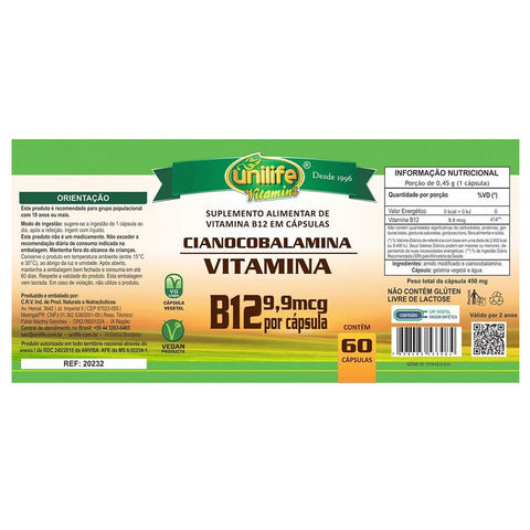 Vitamina B12 Cianocobalamina Unilife 60 Cáps