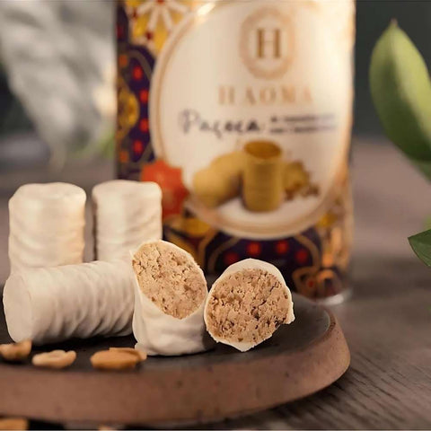 Lata de Paçoca Amendoim Cobertura Chocolate Branco Haoma 270g